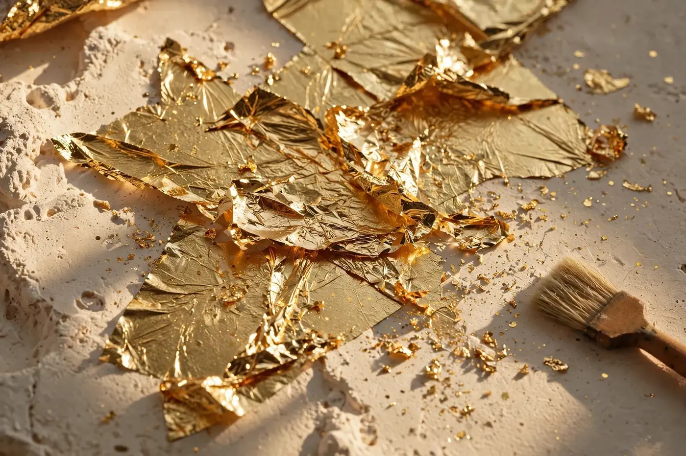 Gold leaf being laid over a warm plaster surface